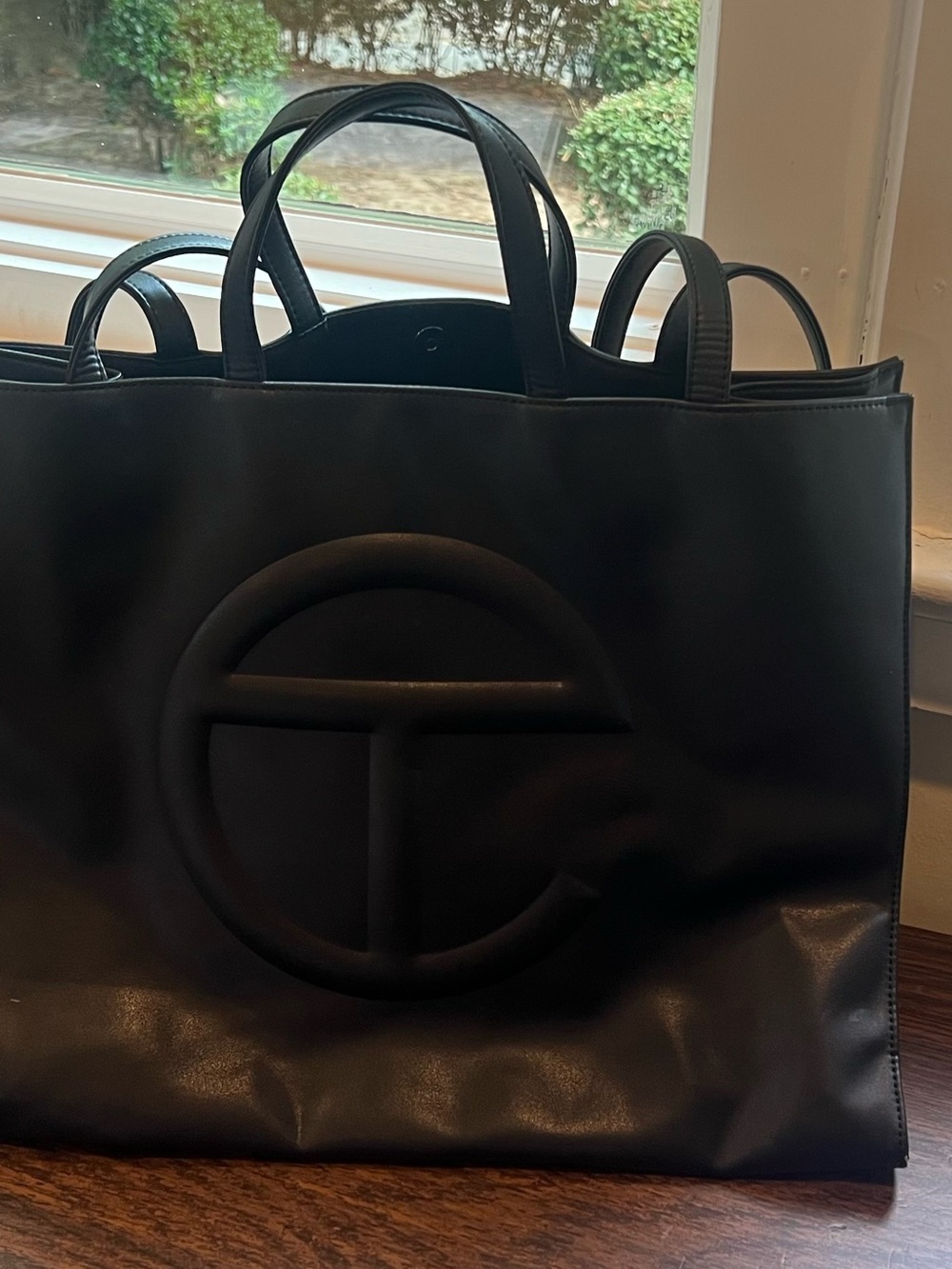 Black Telfar Leather Tote Bag with Embossed Logo